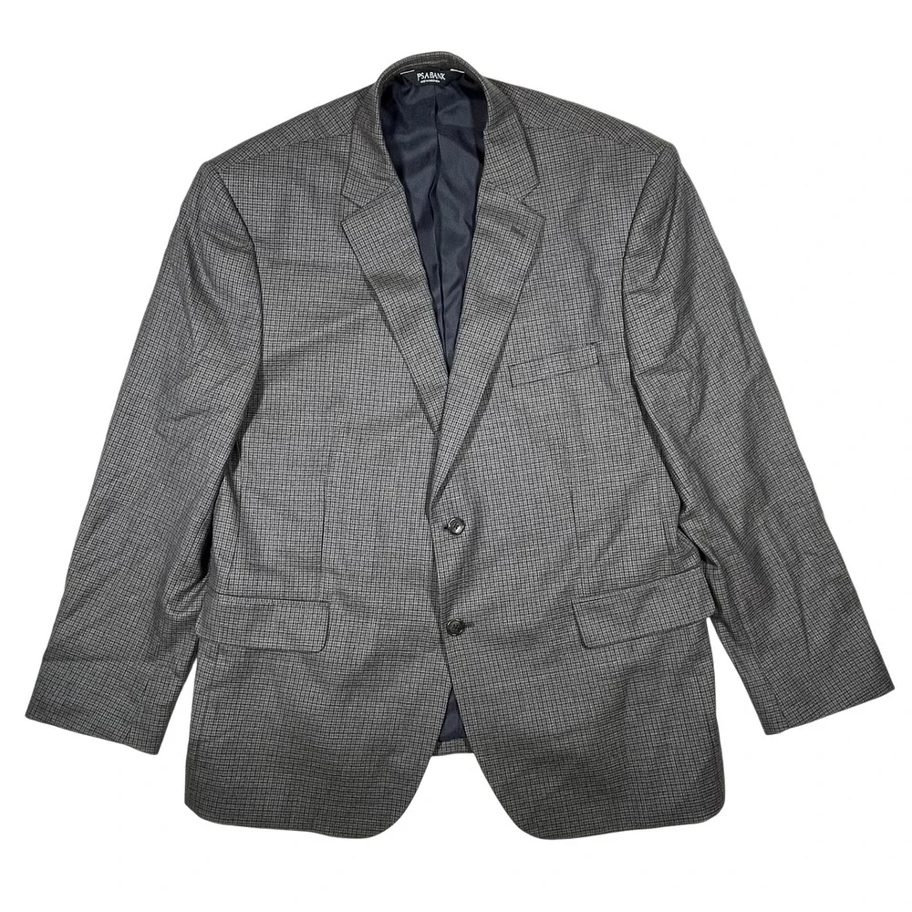Jos A Bank Traditional Fit Wool Blazer Mens 46R Grey Blue Houndstooth Sport Coat